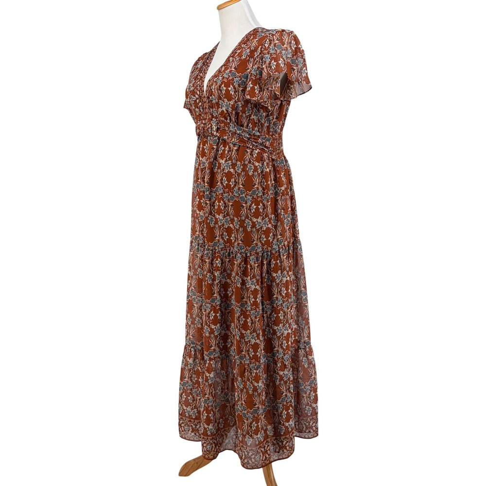 Max Studio Maxi Dress Floral Tiered Rust Boho Fall Wedding Garden V-Neck Medium